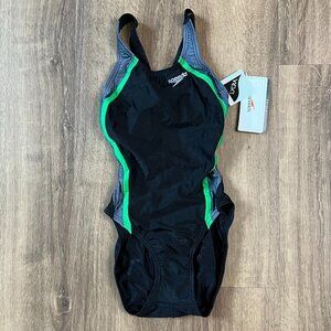 NWT Speedo Black Green Gray Training One Piece Swimsuit Sz XS (26)
